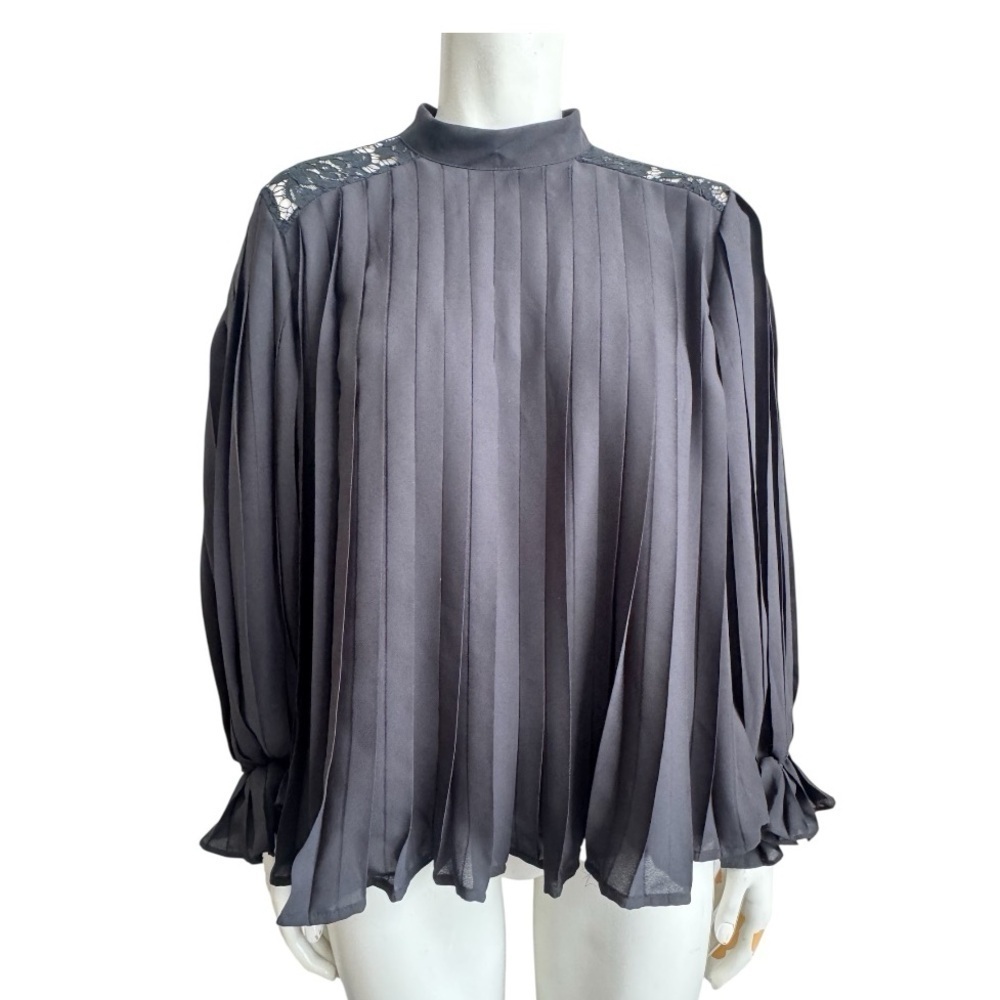 Black Pleated Chiffon Blouse | Lace Detail Mock Neck | Medium Romantic Flowy Top - Picture 3 of 13
